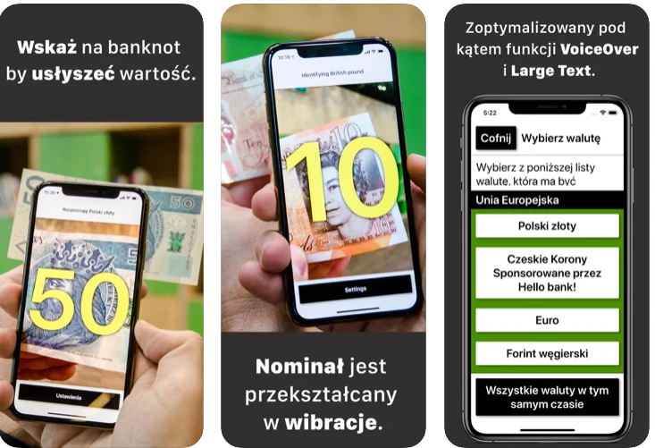 screen z aplikacji, zdjęcie banknotu o nominale 50 złotych