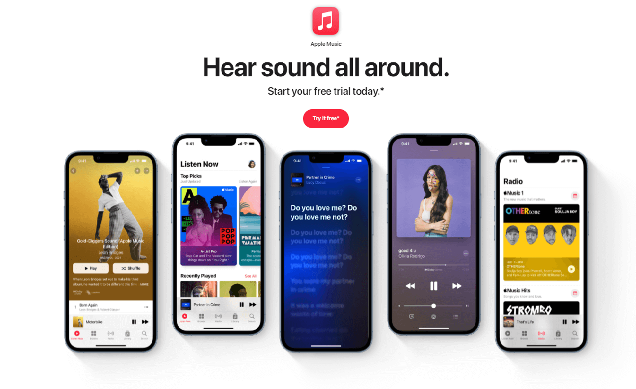 Screen przedstawiający okres próbny Apple Music za darmo, w apple.com. 